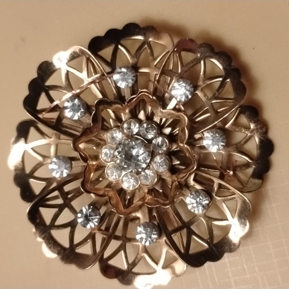 Coro Jewelry - Coro Gold Floral Brooch with Rhinestone Accents